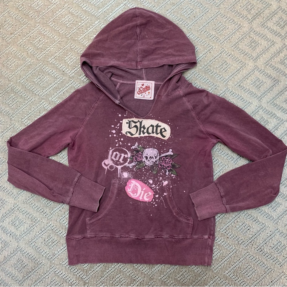 Women's Crafty Couture Skate Or Die Skull Roses Purple Hooded Sweatshirt L